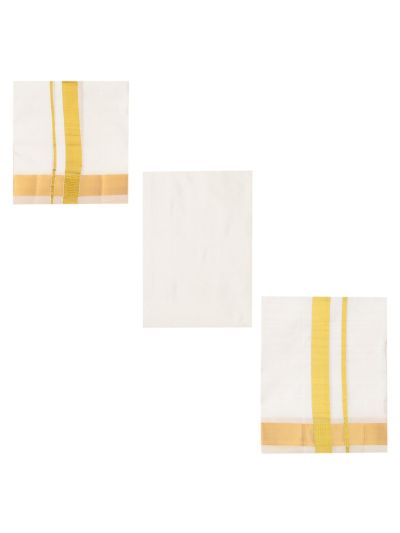 Men's Traditional Off White Pure Silk  Dhoti, Shirt and Angavastram  Set 