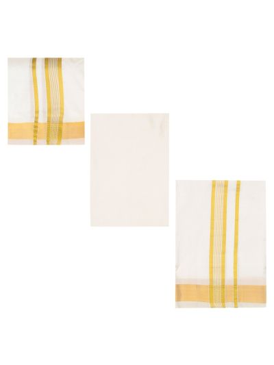 Men's Traditional Pure Silk  Dhoti, Shirt and Angavastram Set Off White color