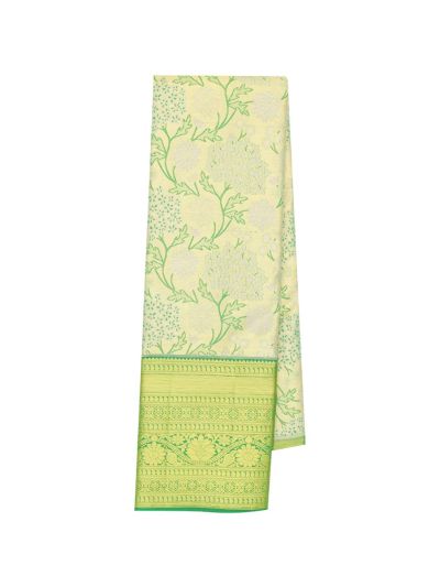 Kanmanie Emerald Glow Pure Silk Floral Jaal with Floral Brocade Pavadai Material