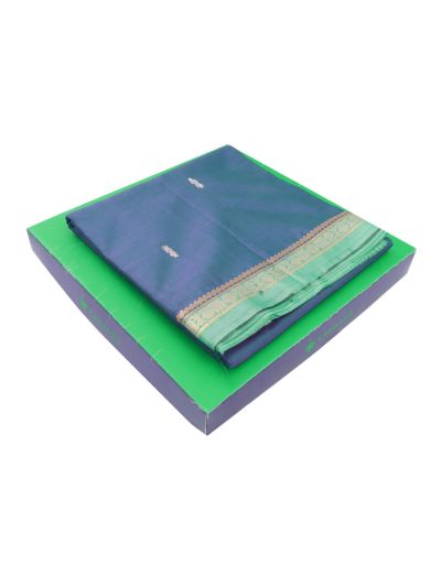 Kanmanie Vazhainaar Pattu Teal Blue Silver Butta Green Pallu Saree