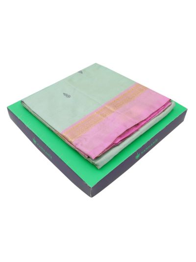 Kanmanie Vazhainaar Pattu Mint Green Leaf Butta Pink Pallu Saree