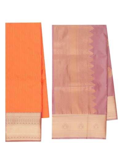 Gracecharm Emerald Glow Mandarin Orange Art Silk Girls Pavadai Dhavani Material Set
