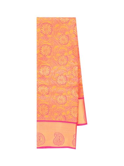 Gracecharm Gift Art Silk Orange Floral Jacquard with Geometric Pallu Saree