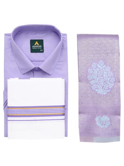 Couple Combo Lavender Shirt and Dhoti Set with Saree