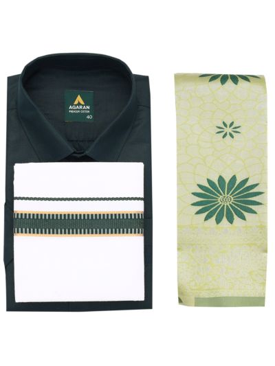 Couple Combo Dark Bottle Green Shirt and Dhoti Set with Saree