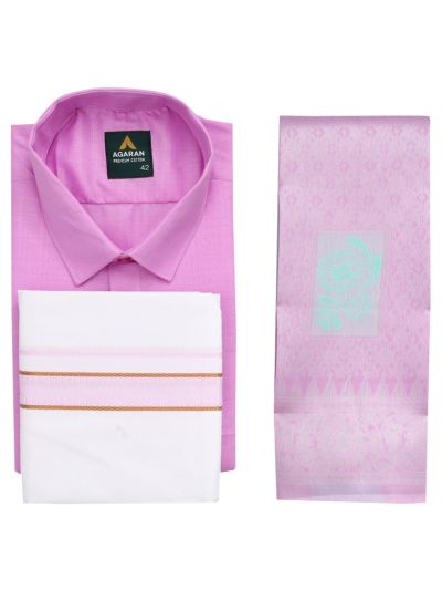 Couple Combo Lavender Pink Shirt and Dhoti Set with Saree