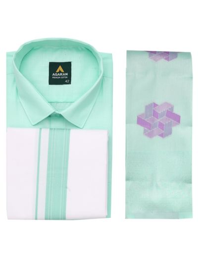 Couple Combo Mint Green Shirt and Dhoti Set with Saree
