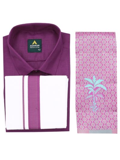 Couple Combo Dark Magenta Shirt and Dhoti Set with Saree