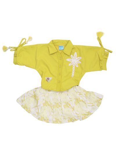 Graceful Essence Girls Palm Tree Applique with Abstract Print Short Midi Dress