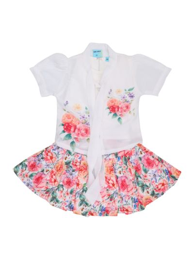 Graceful Essence Girls Floral Print Tie-Neck Short Midi Dress