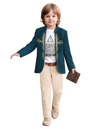 Gracecharm Boys Embellished Blazer Jacket T-Shirt and Pant 3 Piece Set