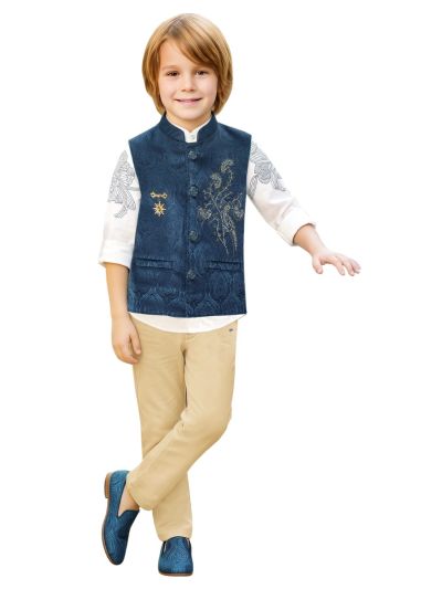 Gracecharm Boys Floral Embellished Nehru Waistcoat Shirt and Pant 3 Piece Set