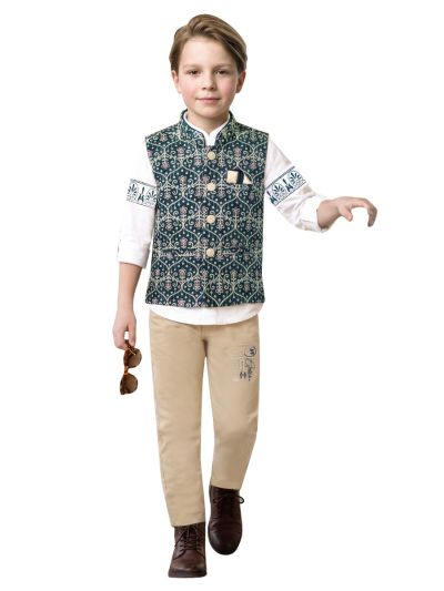 Gracecharm Boys Floral Trellis Nehru Waistcoat Shirt and Pant 3 Piece Set