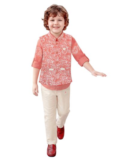 Gracecharm Boys Floral Embroidered Nehru Waistcoat Shirt and Pant 3 Piece Set