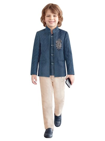 Gracecharm Boys Tonal Leaf Pattern Blazer Jacket 3 Piece Set