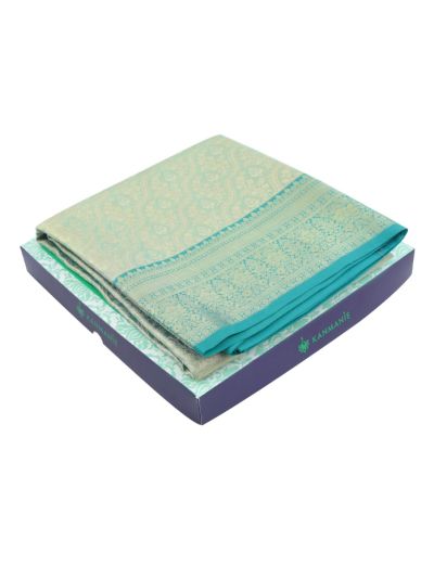 Kanmanie Pure Silk Wavy Floral Jaal with Geometric Pallu 8 Inch Traditional Border Saree