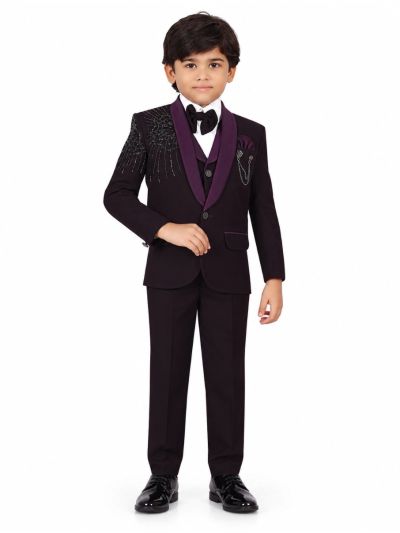 Royal Elegance Boys Deep Plum Purple Embellished Tuxedo 5 Piece Suit Set