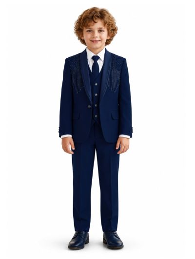 Royal Elegance Boys Navy Blue Embellished Tuxedo 5 Piece Suit Set