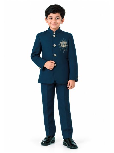 Royal Elegance Boys Deep Teal Blue Peacock Crest Embroidered Bandhgala Suit Set