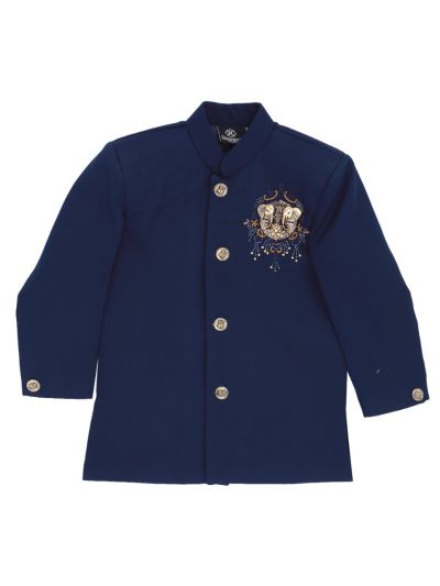 Royal Elegance Boys Royal Navy Blue Elephant Crest Embroidered Bandhgala Suit Set
