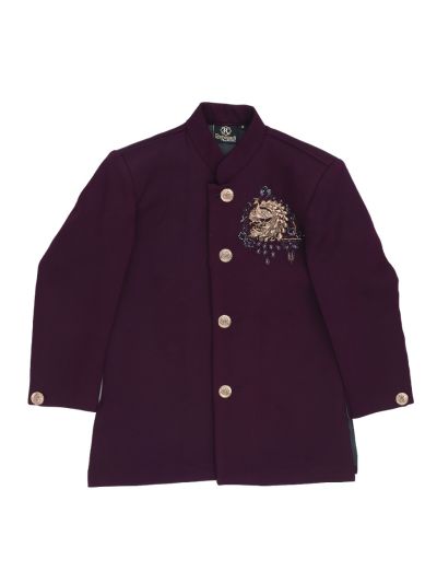 Royal Elegance Boys Deep Wine Purple Peacock Crest Embroidered Bandhgala Suit Set