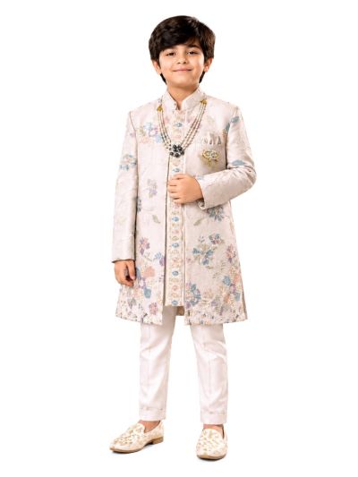 Royal Elegance Boys Ivory Beige Floral Embroidered Indo-Western 3 Piece Suit Set