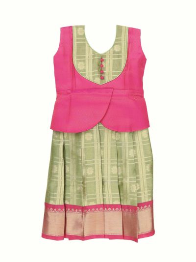 Charming Girls Readymade Art Silk Diamond with Checked Floral Pattu Pavadai Set