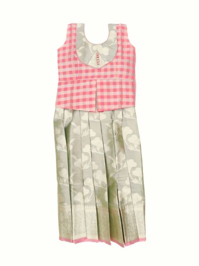 Charming Girls Readymade Art Silk Checks with Floral Brocade Pattu Pavadai Set