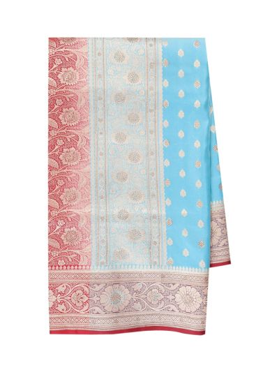 BlossomEase Semi Banarasi Leaf Butta with Red Floral Pallu Saree