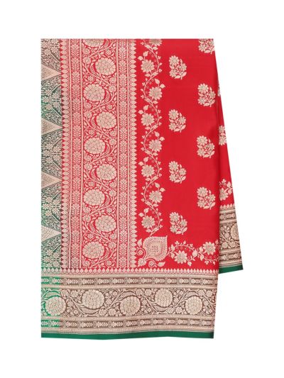 BlossomEase Semi Banarasi Floral Butta with Green Paisley Pallu Saree