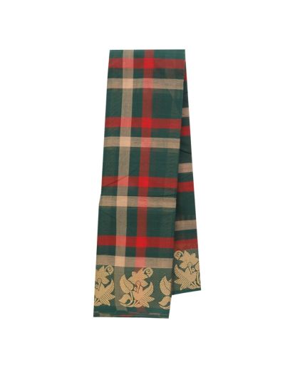 Gracecharm Elegant Cotton Bold Check Floral Border Saree - Without Blouse