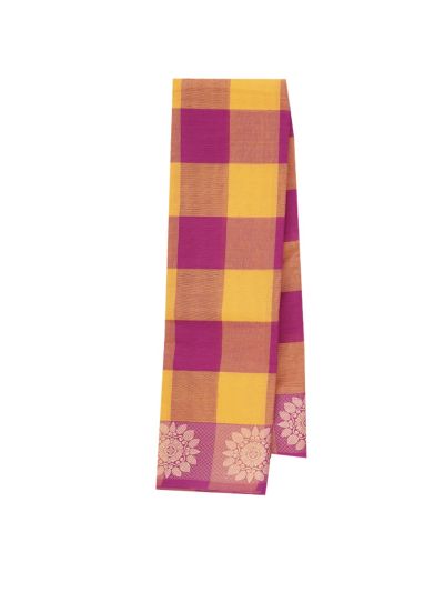 Gracecharm Elegant Cotton Bold Check Floral Border Saree - Without Blouse
