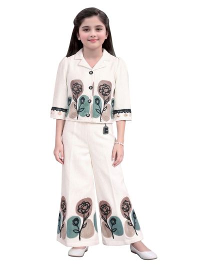 Graceful Essence Girls Floral Applique Cropped Jacket with Wide-Leg Pant Set