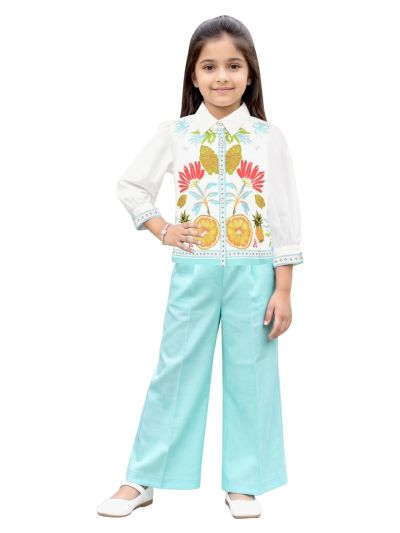 Graceful Essence Girls Tropical Floral Shirt with Wide-Leg Pant Set