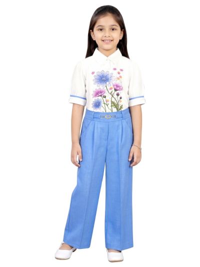 Graceful Essence Girls Floral Bouquet Shirt with Wide-Leg Pant Set