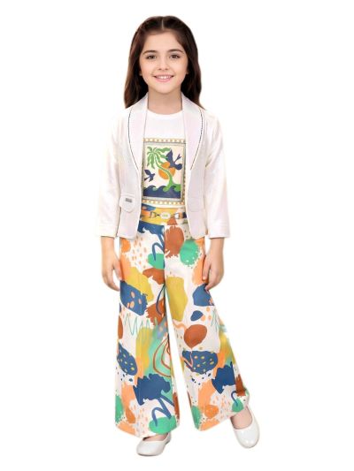 Graceful Essence Girls Abstract Tropical Blazer with Wide-Leg Pant Set