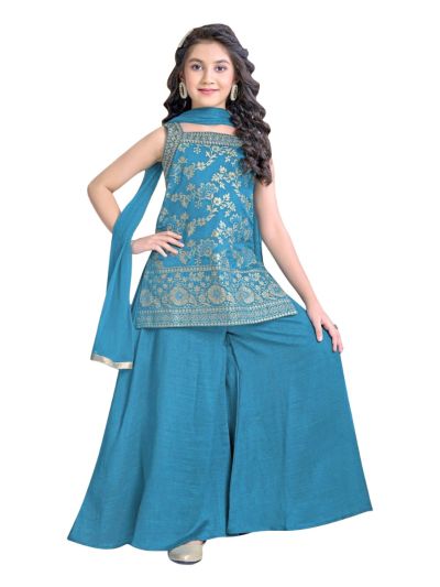 Graceful Essence Girls Floral Embroidered Top Palazzo Dupatta Set