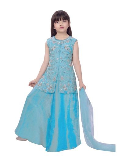 Graceful Essence Girls Floral Butterfly Embroidered Top Palazzo Dupatta Set