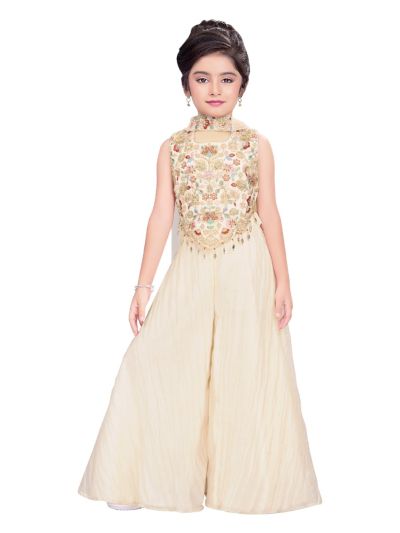Graceful Essence Girls Floral Embroidered Crop Top Palazzo Dupatta Set