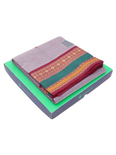 Kanmanie Cotton Floral Butta with Ornamental Stripe Pallu Kanchi Border Saree