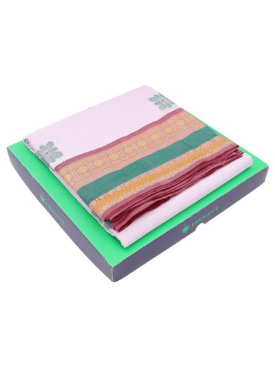 Kanmanie Cotton Floral Butta with Ornamental Stripe Pallu Kanchi Border Saree