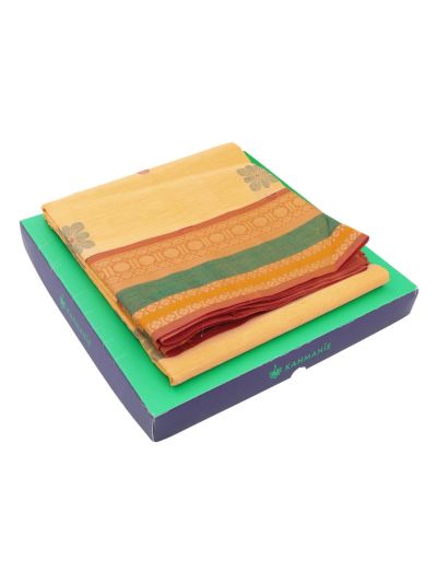 Kanmanie Cotton Floral Butta with Geometric Stripe Pallu Saree