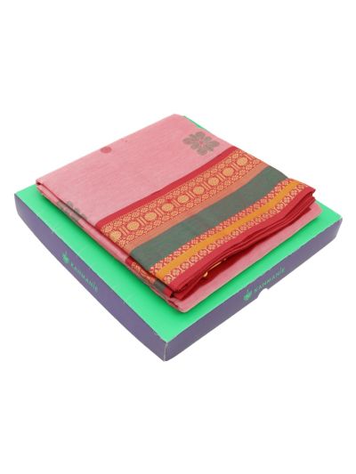 Kanmanie Cotton Floral Butta with Floral Stripe Pallu Kanchi Border Saree