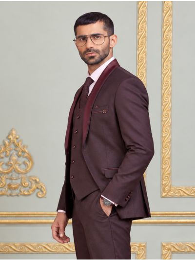 Bennevis Men’s Wine Satin Shawl Lapel Tuxedo 5 Piece Suit Set