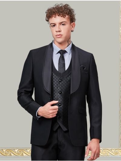 Bennevis Men’s Satin Shawl Lapel Geometric Diamond Waistcoat Tuxedo 5 Piece Suit Set