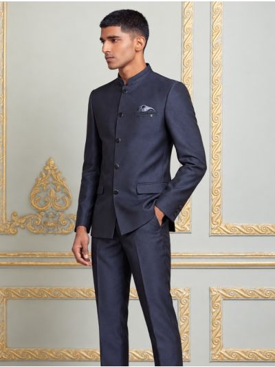 Bennevis Men’s Mandarin Collar Micro Textured Jodhpuri 2 Piece Suit Set