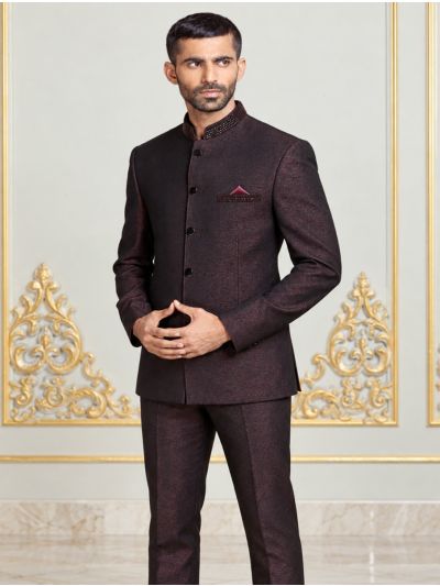 Bennevis Men’s Floral Scroll Patterned Embellished Collar Jodhpuri 2 Piece Suit Set