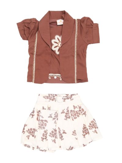 Graceful Essence Girls Floral Applique Jacket Top and Pleated Mini Skirt Set