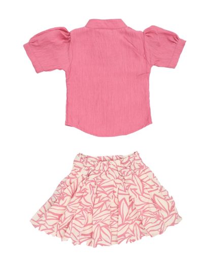 Graceful Essence Girls Puff Sleeve Lace Applique Top and Leaf Print Skirt Set