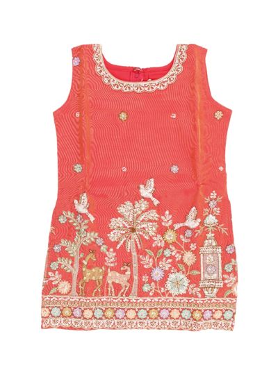 Graceful Essence Girls Deer Bird Floral Embroidered Kurta Gharara Dupatta Set